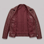 Men's Burgundy Studded Leather Biker Jacket — Acwood