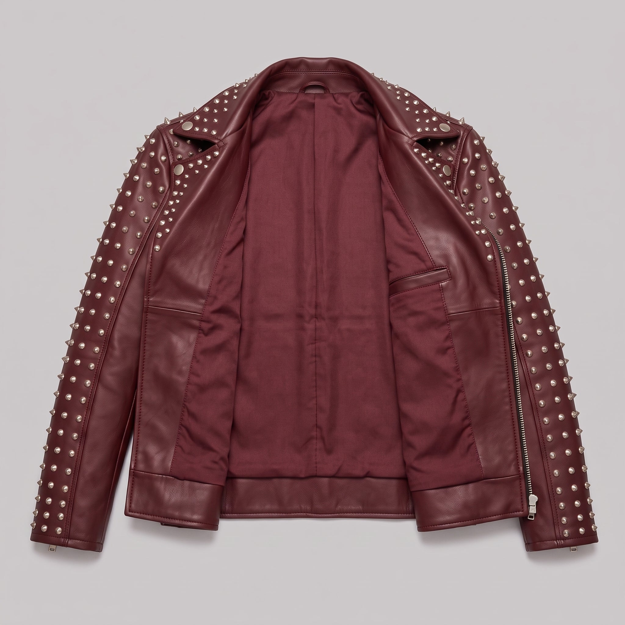 Men's Burgundy Studded Leather Biker Jacket — Acwood
