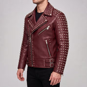 Men's Burgundy Studded Leather Biker Jacket — Acwood