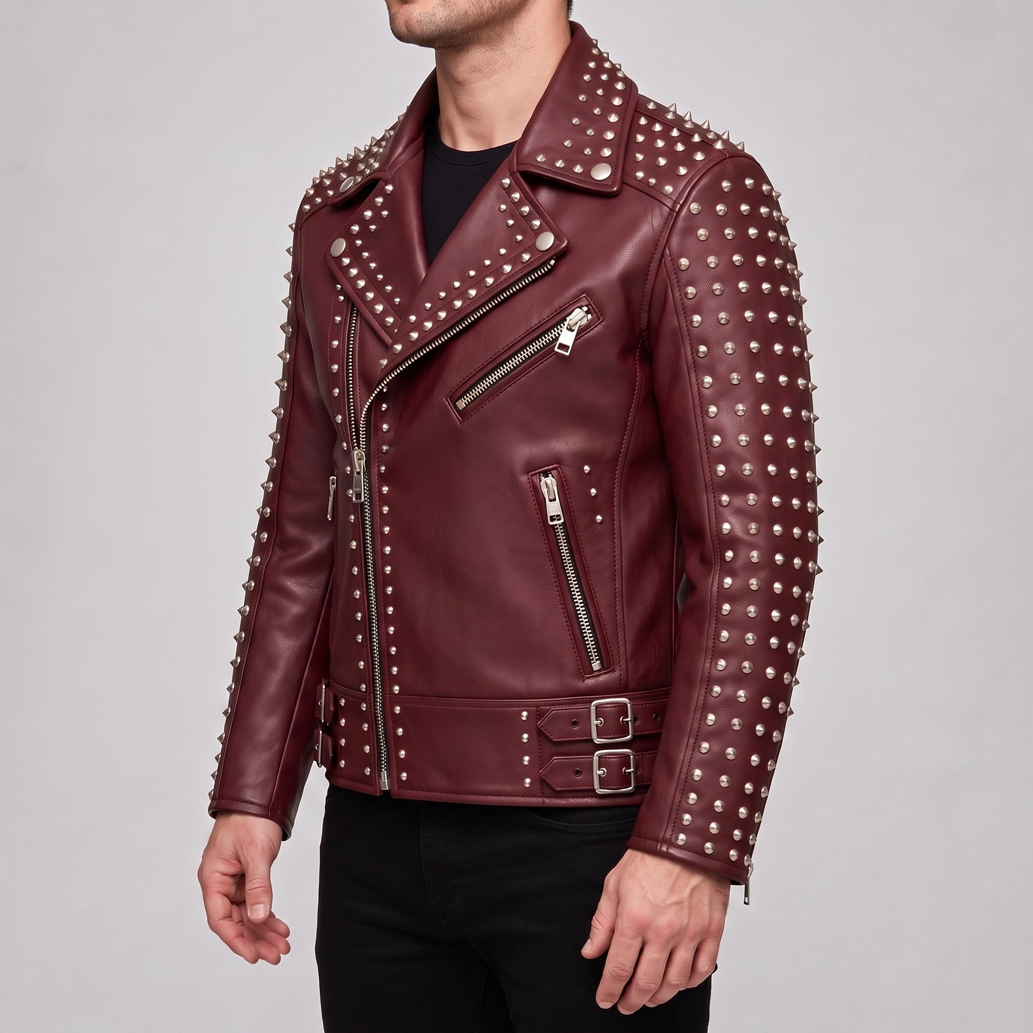 Men's Burgundy Studded Leather Biker Jacket — Acwood