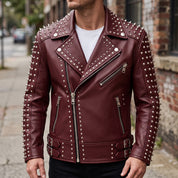 Men's Burgundy Studded Leather Biker Jacket — Acwood