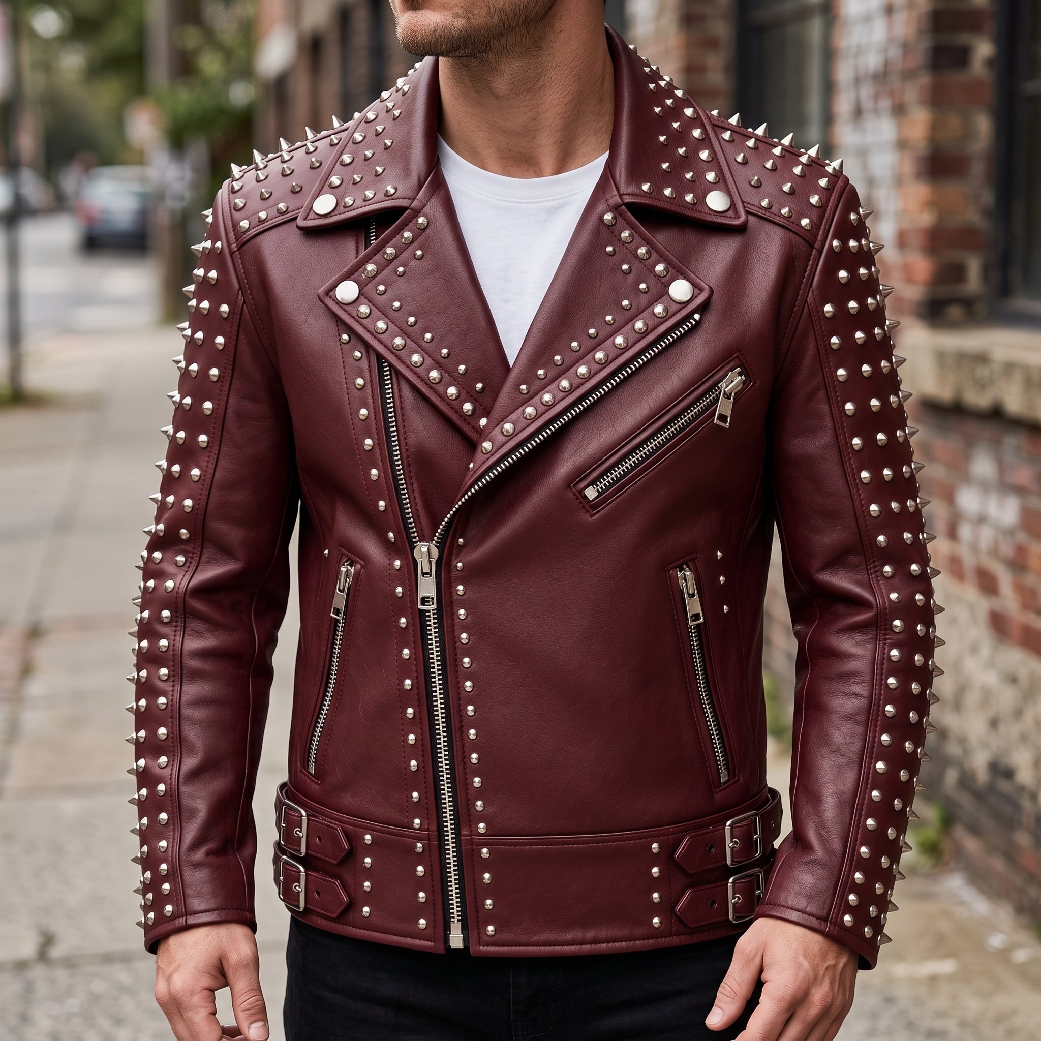 Men's Burgundy Studded Leather Biker Jacket — Acwood