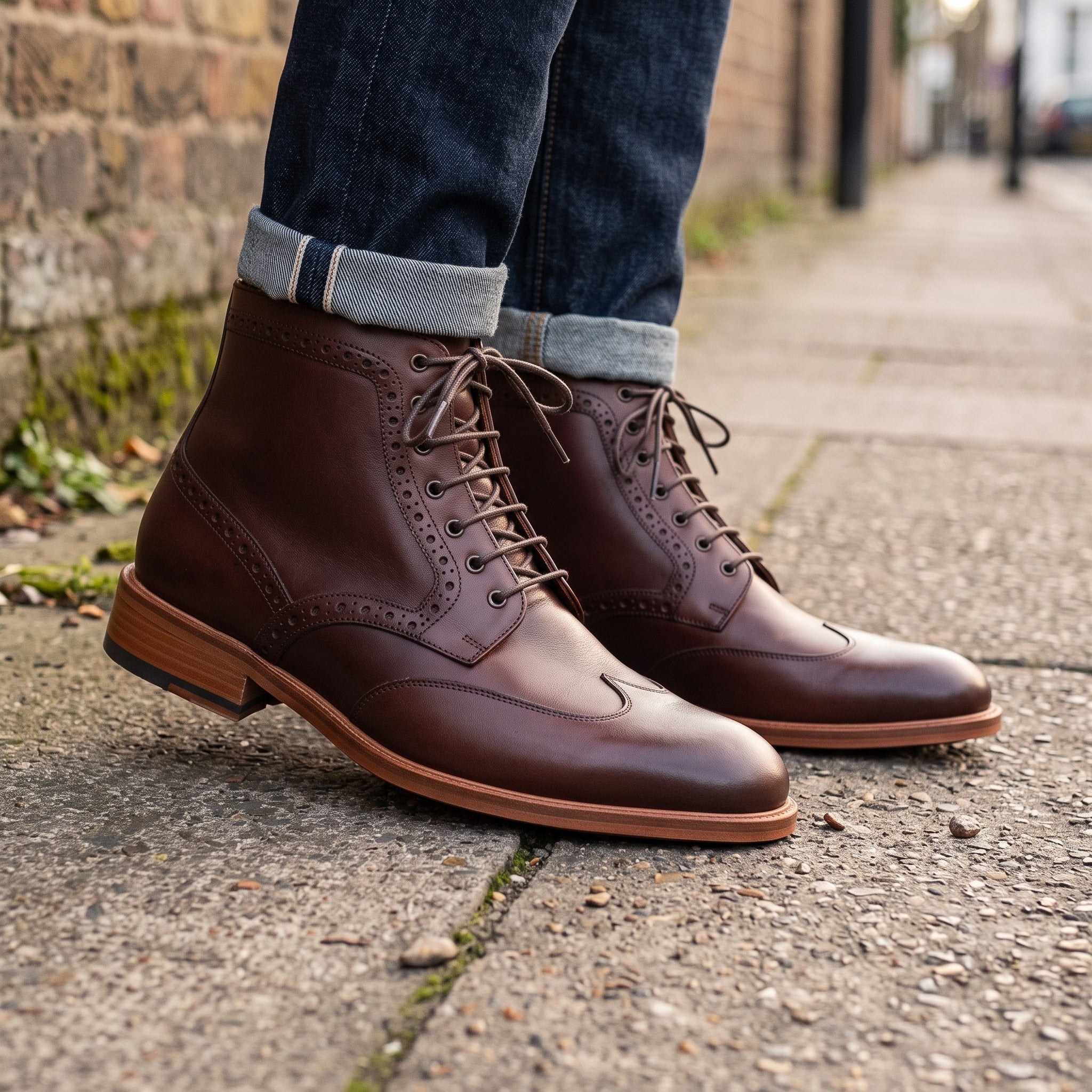 Men's Burgundy Wingtip Leather Derby Boots — Elton