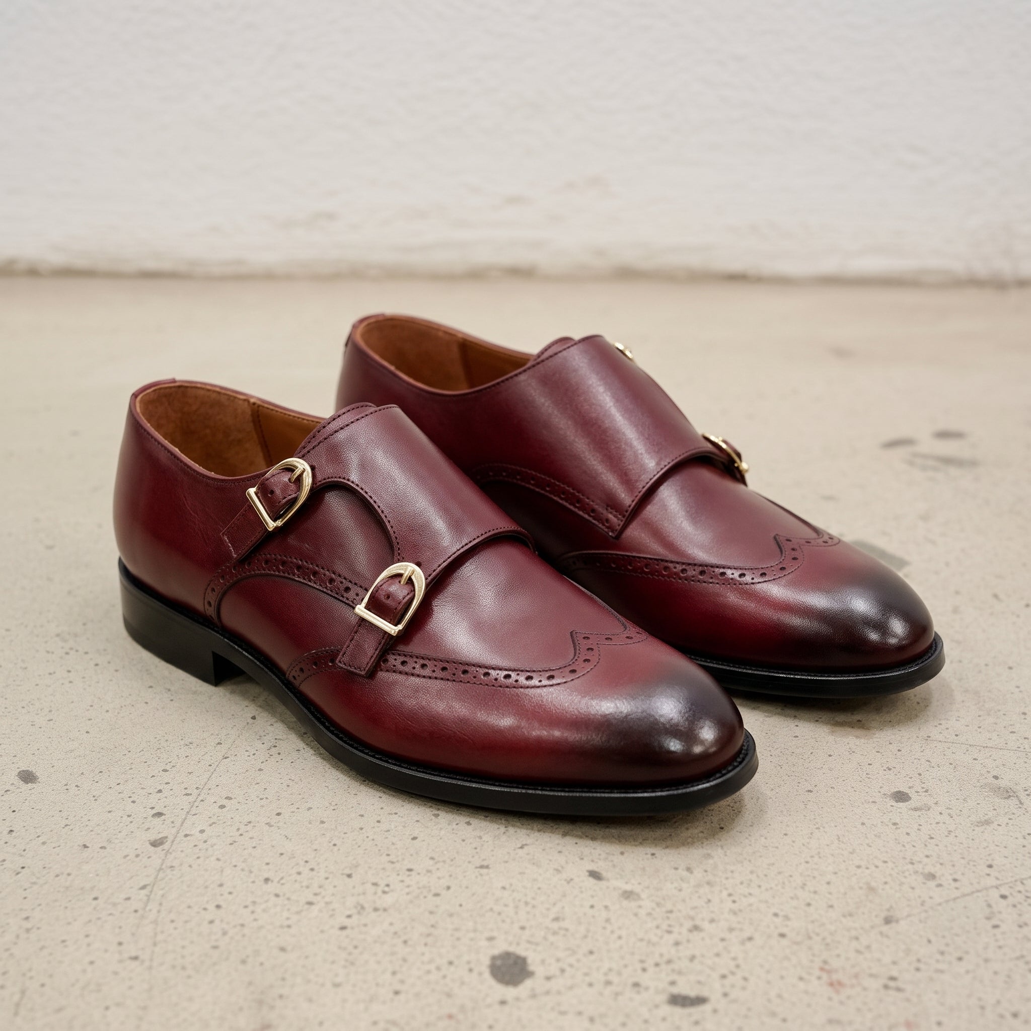 Men's Burgundy Wingtip Leather Double Monk Strap Shoes — Aylward