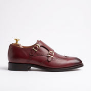 Men's Burgundy Wingtip Leather Double Monk Strap Shoes — Aylward