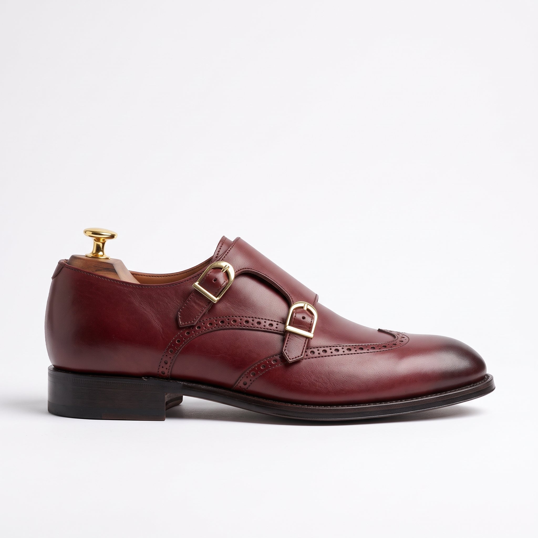 Men's Burgundy Wingtip Leather Double Monk Strap Shoes — Aylward