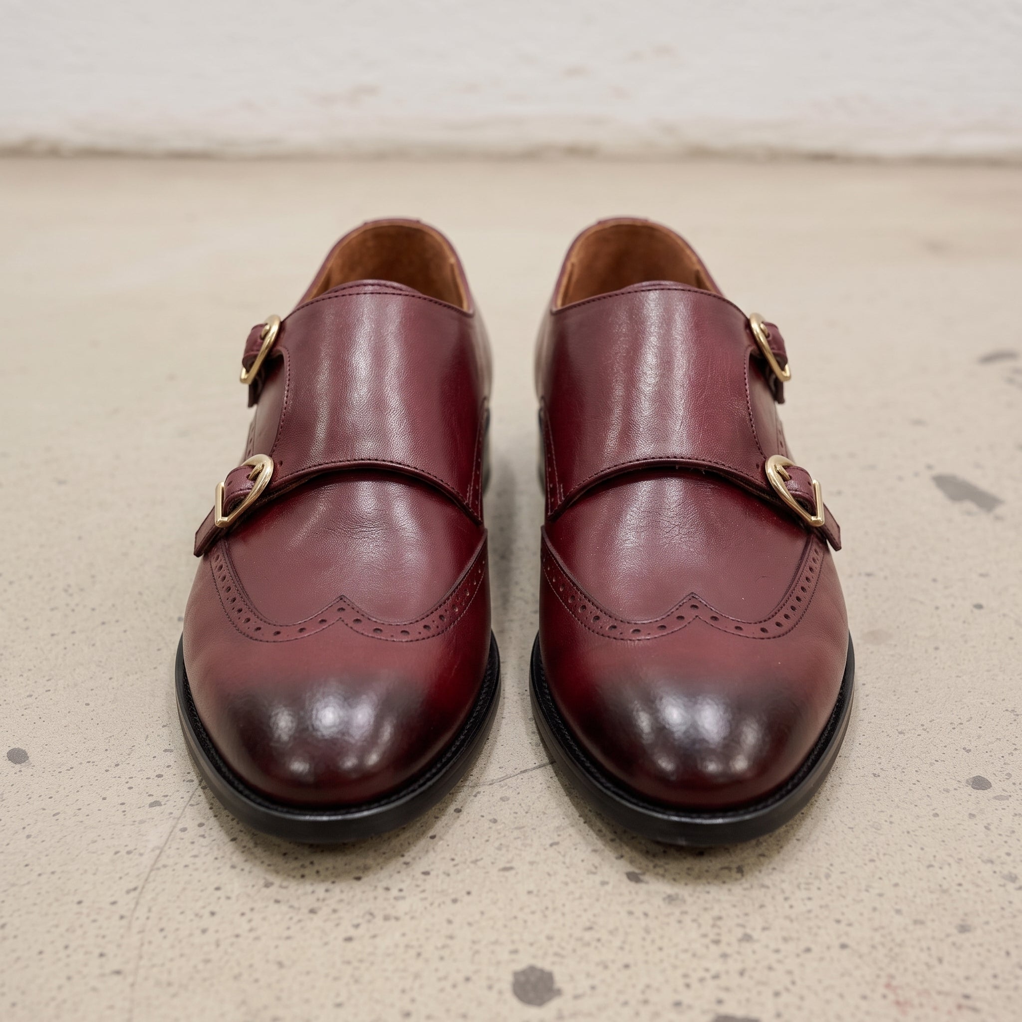Men's Burgundy Wingtip Leather Double Monk Strap Shoes — Aylward