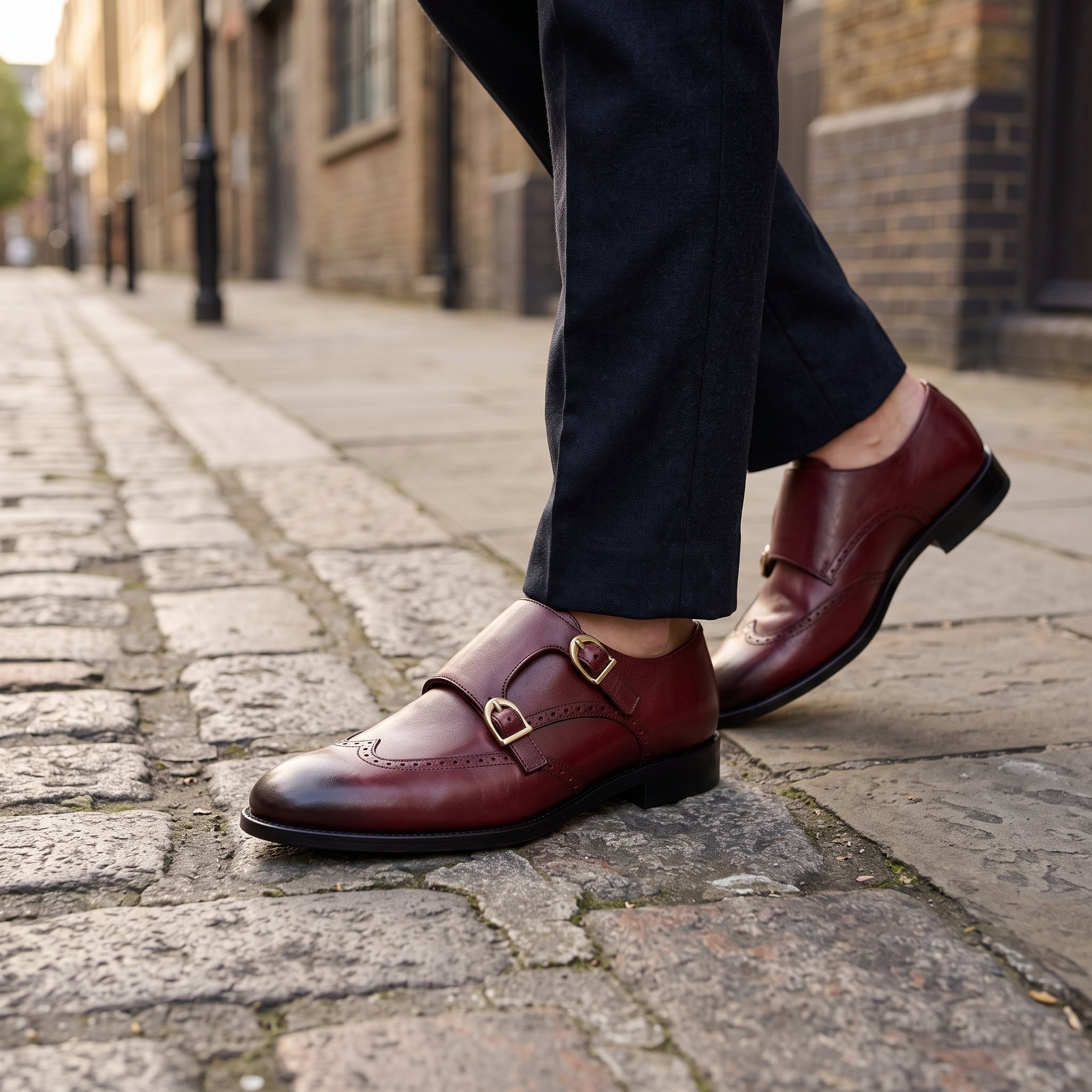 Men's Burgundy Wingtip Leather Double Monk Strap Shoes — Aylward