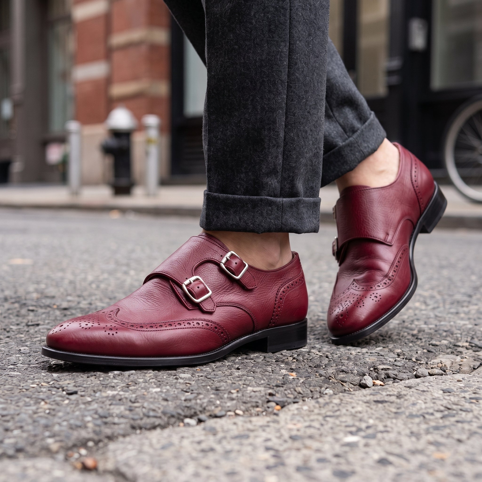 Men's Burgundy Leather Wingtip Double Monk Dress Shoes