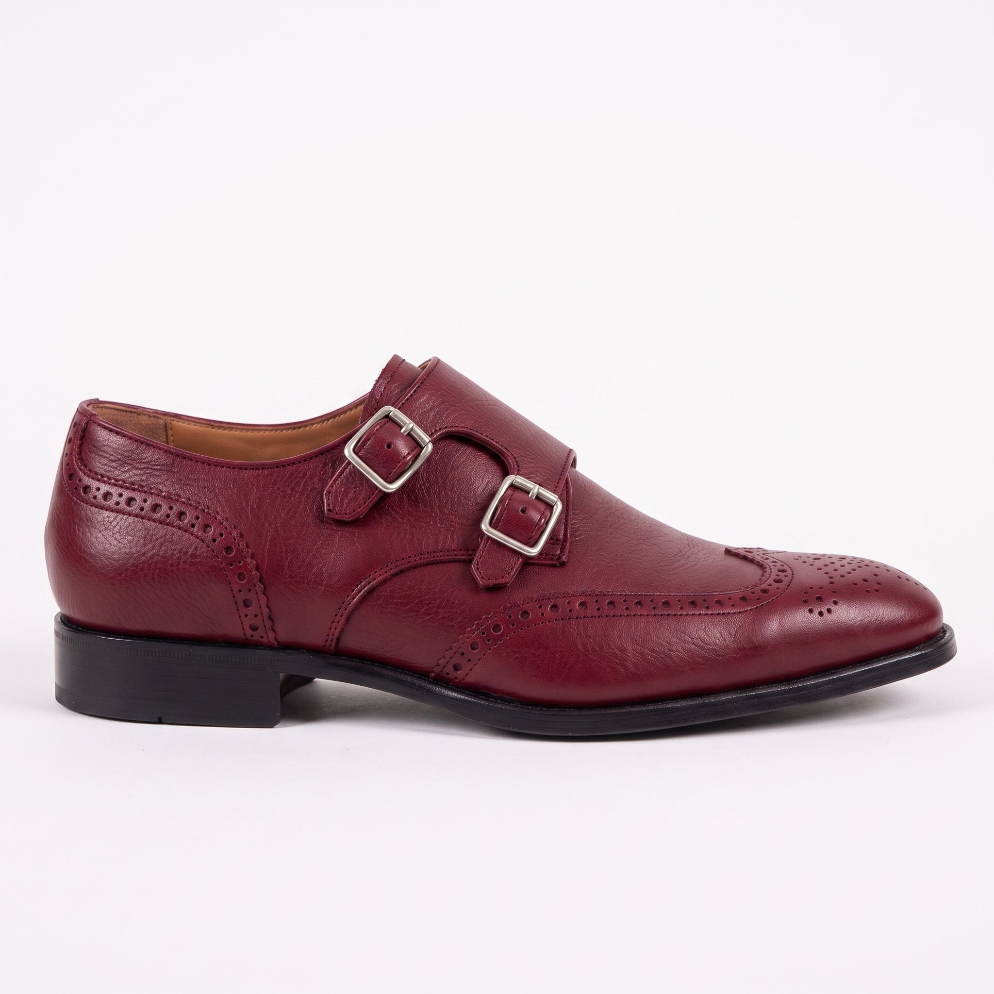 Men's Burgundy Wingtip Leather Double Monk Strap Shoes — Wilton
