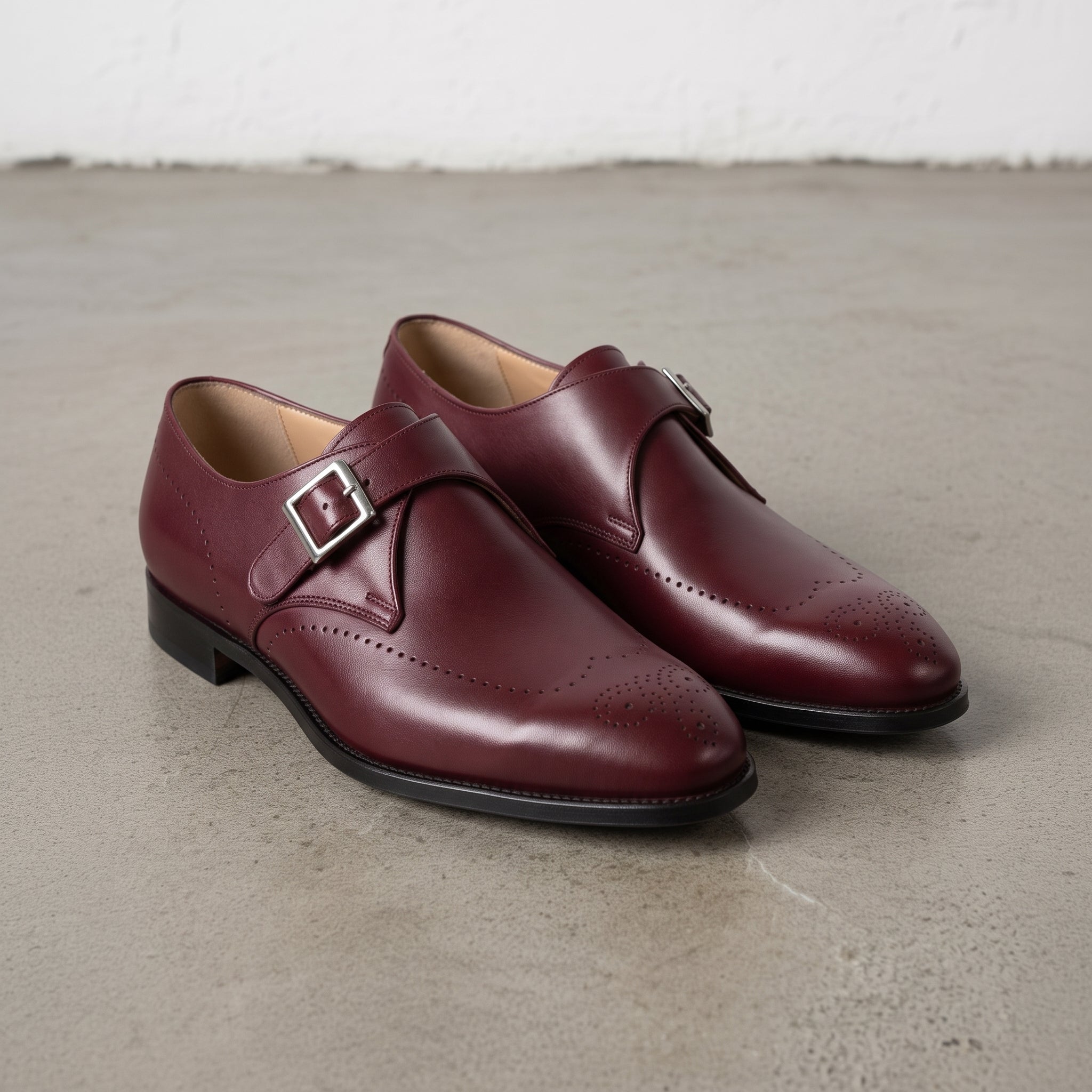 Men's Burgundy Plain-Toe Leather Monk Strap Shoes — Cullis