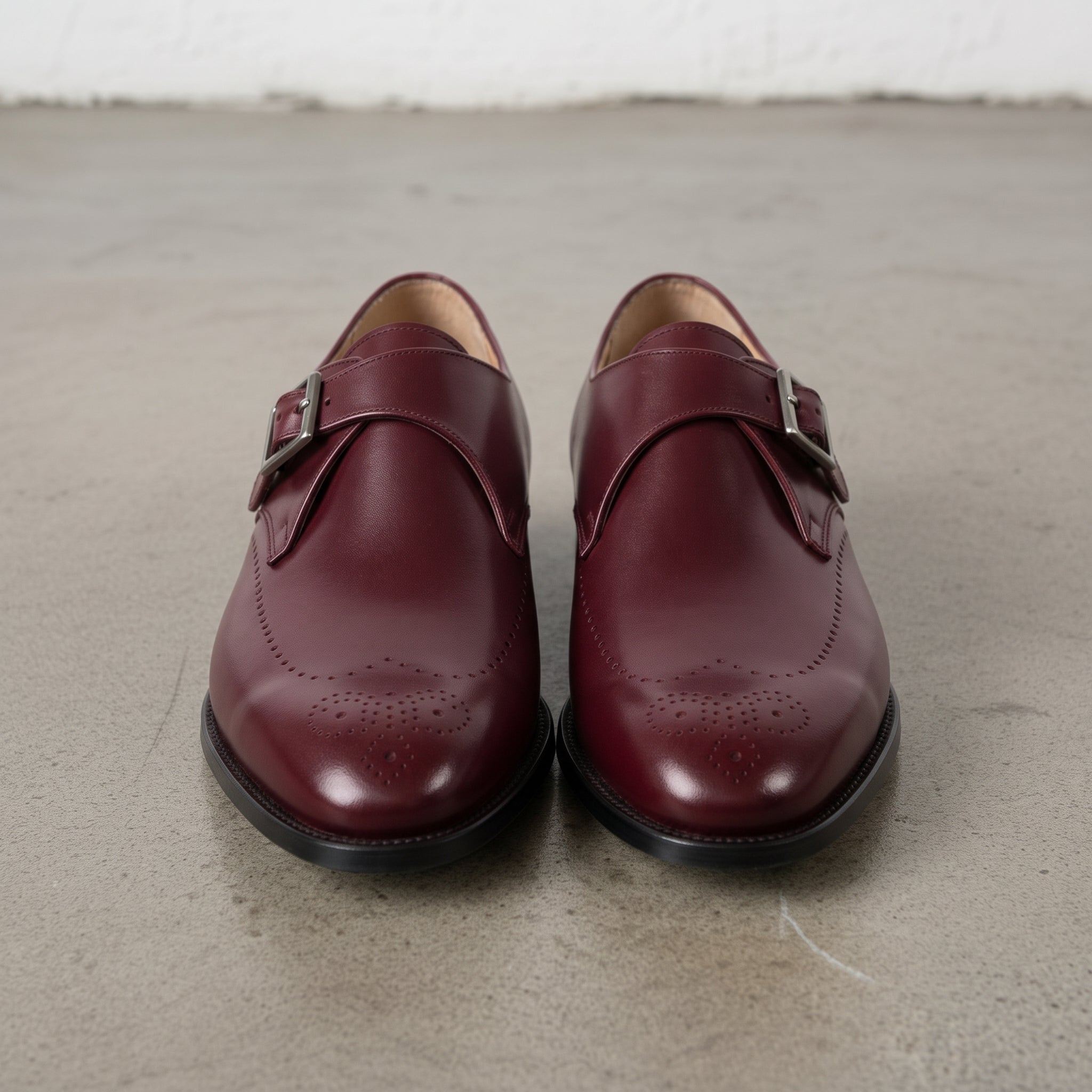 Men's Burgundy Plain-Toe Leather Monk Strap Shoes — Cullis