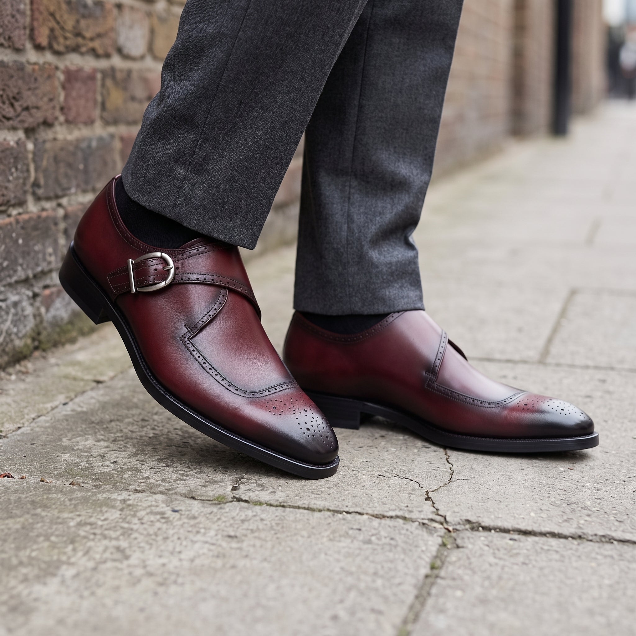 Men's Burgundy Cap-Toe Leather Monk Strap Shoes — Taylor