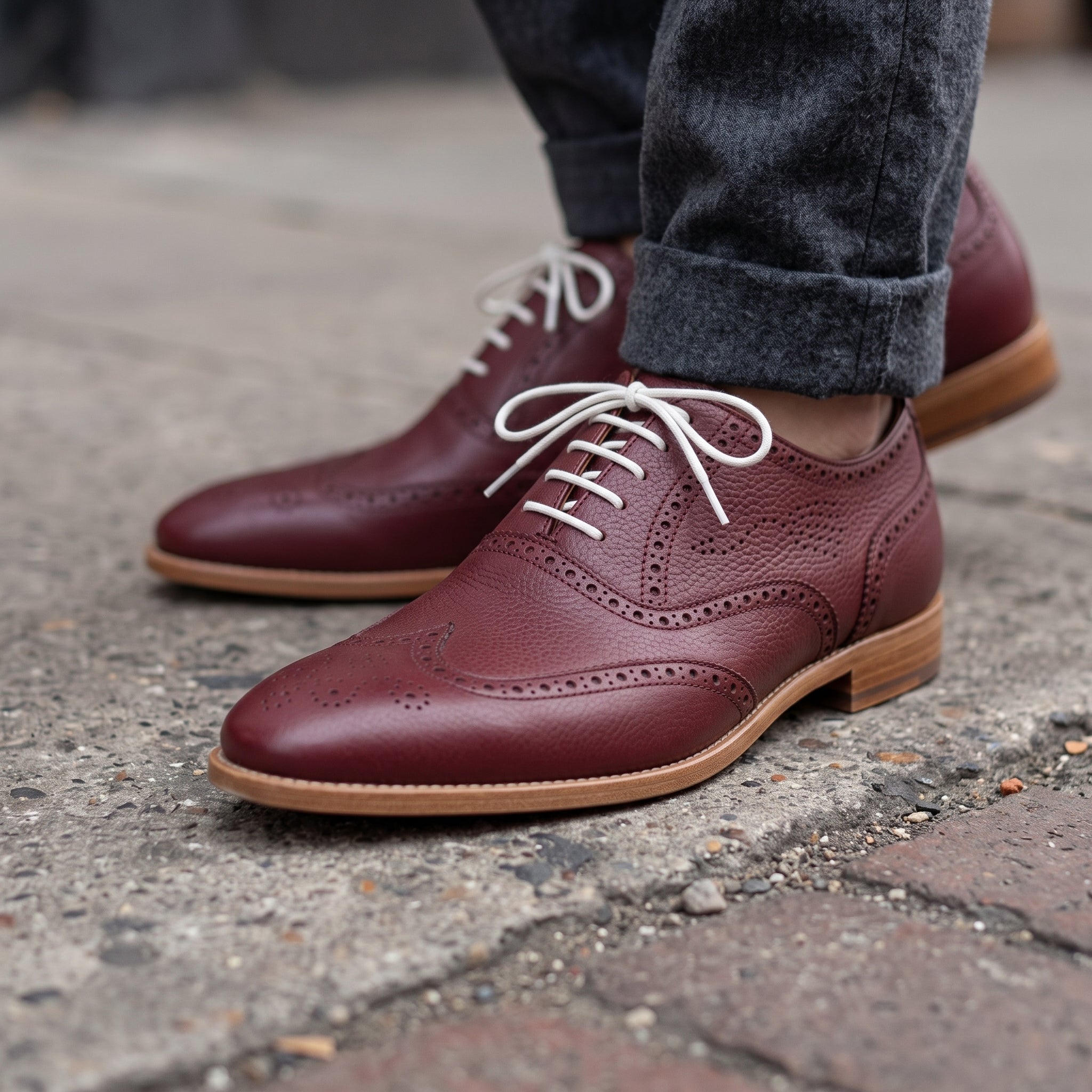 Men's Burgundy Wingtip Pebbled Leather Oxfords — Chigwell