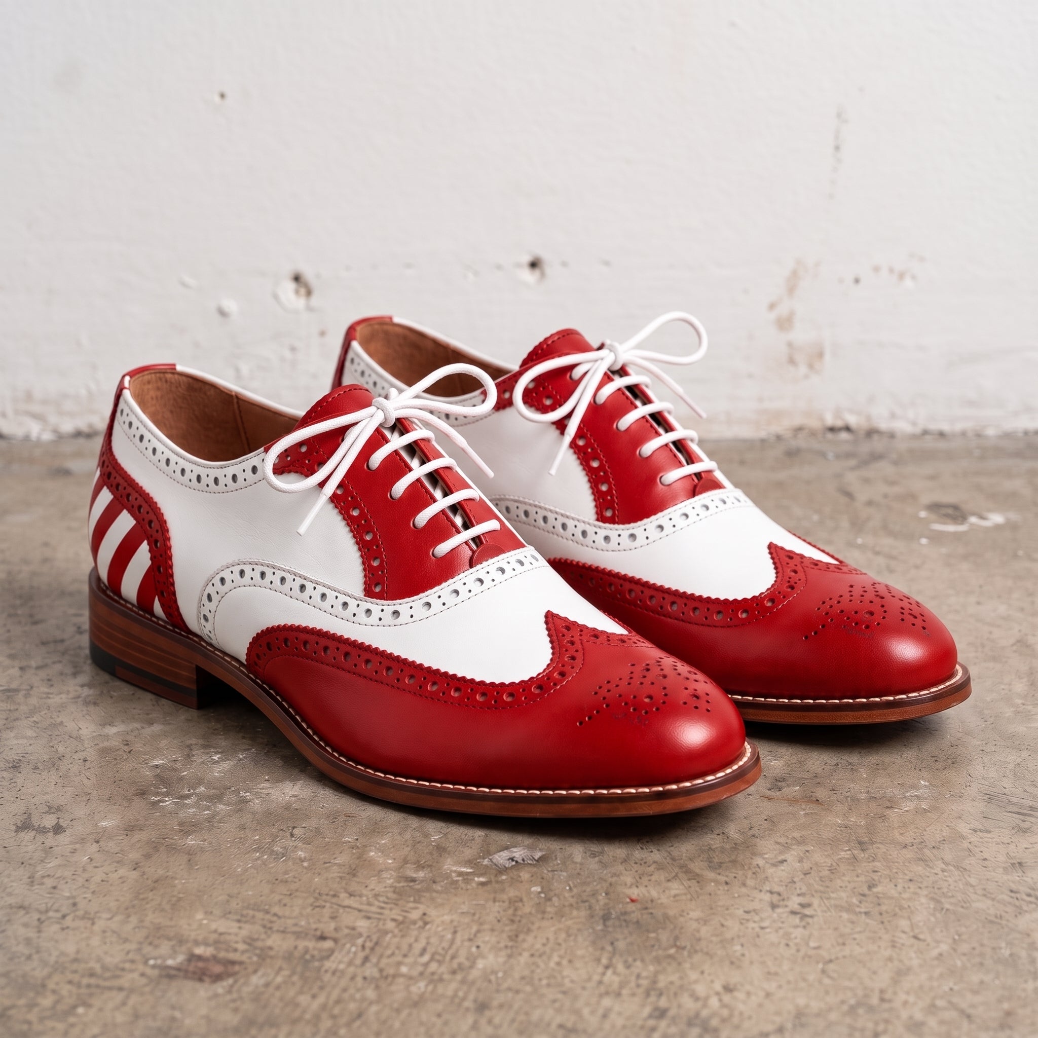 Men's Cherry Red and White Wingtip Leather Derby Brogues — Aclifford