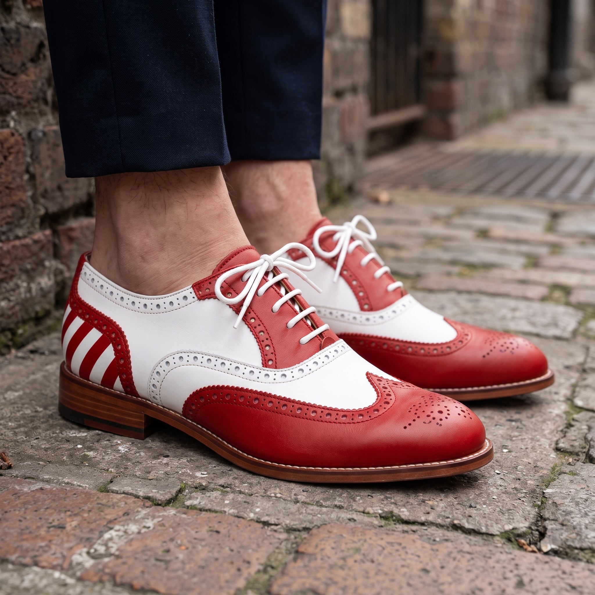 Men's Cherry Red and White Wingtip Leather Derby Brogues — Aclifford