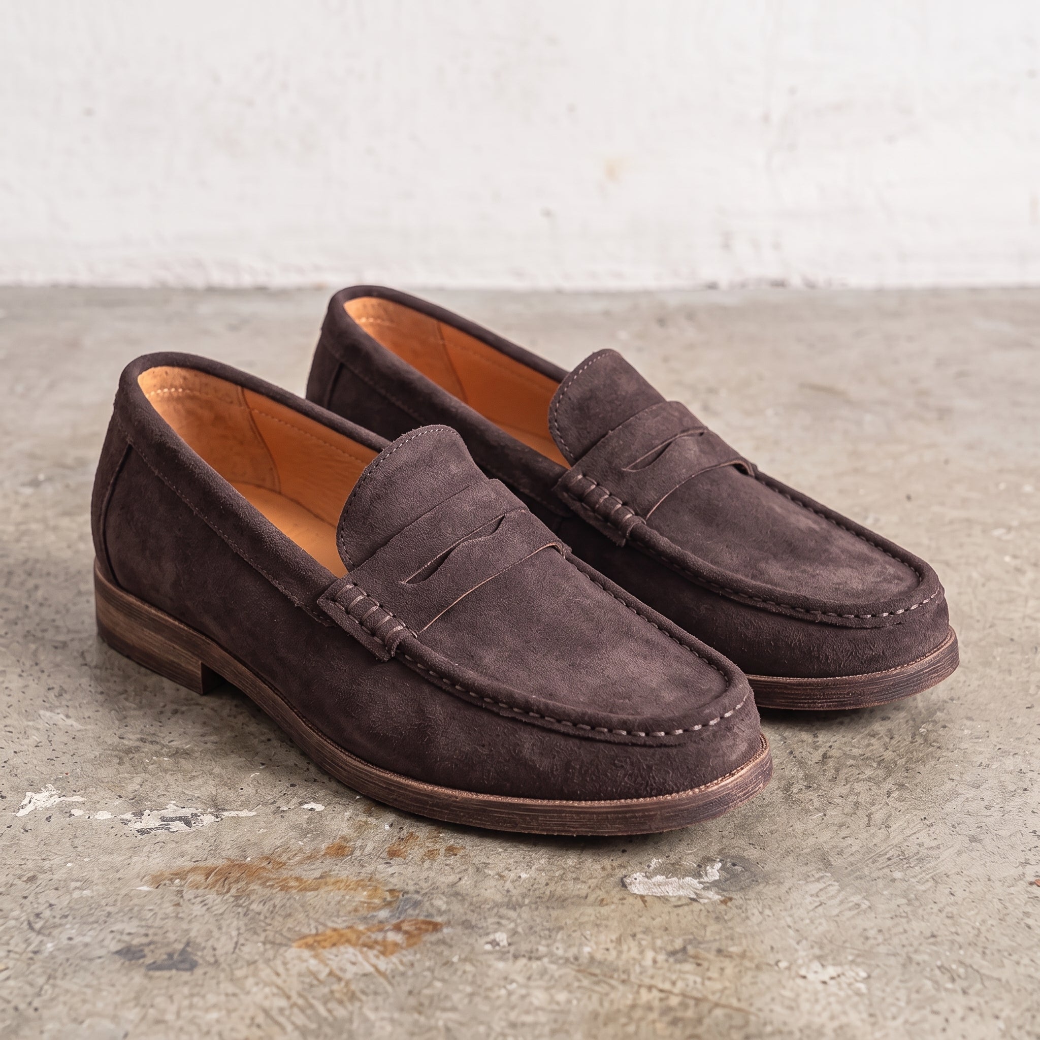 Men's Coffee Apron-Toe Suede Penny Loafers — Agecroft