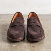 Men's Coffee Apron-Toe Suede Penny Loafers — Agecroft