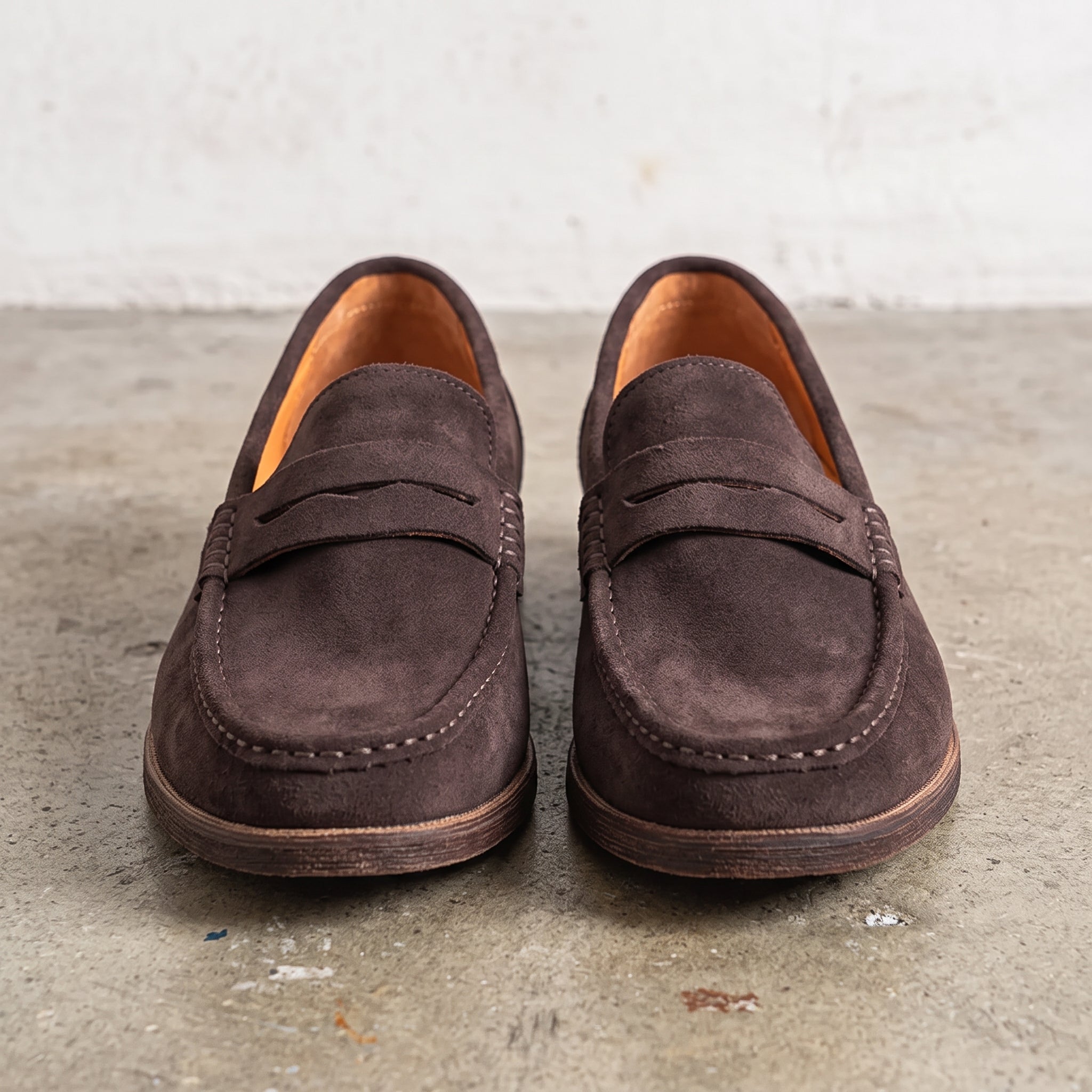Men's Coffee Apron-Toe Suede Penny Loafers — Agecroft