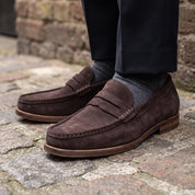 Men's Coffee Apron-Toe Suede Penny Loafers — Agecroft