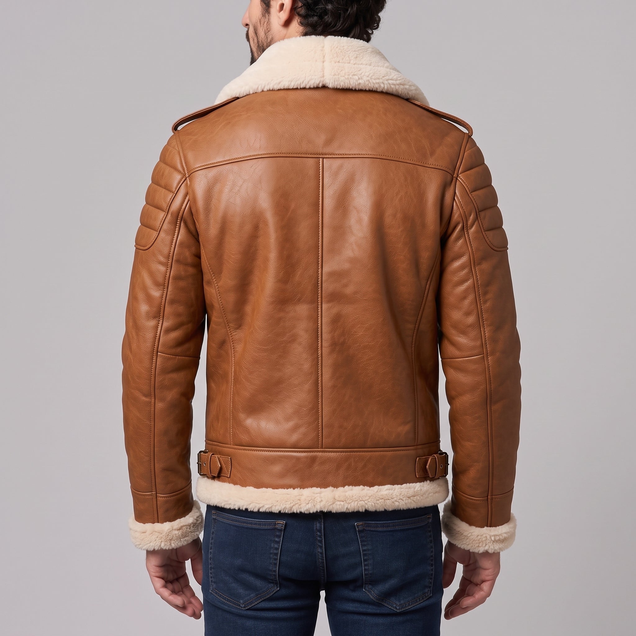 Men's Tan Shearling-Lined Leather B-3 Bomber Jacket — Fenwick