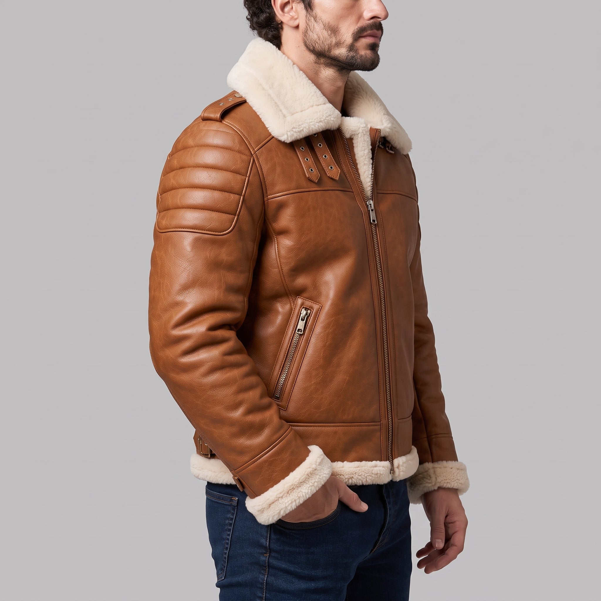 Men's Tan Shearling-Lined Leather B-3 Bomber Jacket — Fenwick