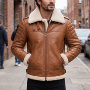 Men's Tan Shearling-Lined Leather B-3 Bomber Jacket — Fenwick