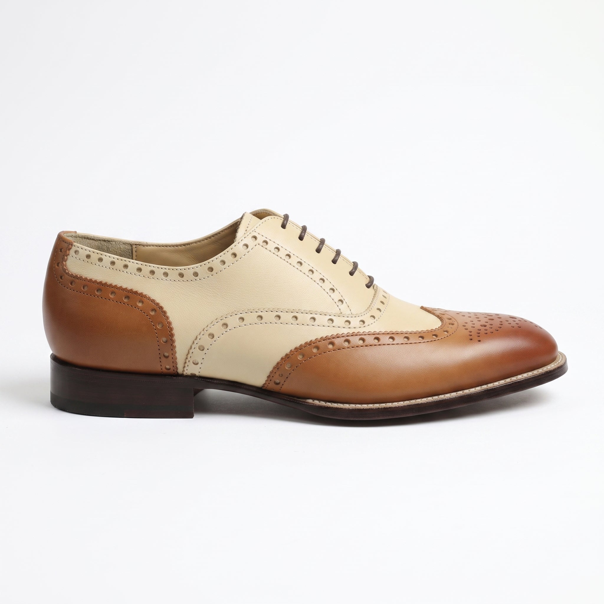 Men's Cream and Brown Two-Tone Wingtip Leather Oxfords — Andover