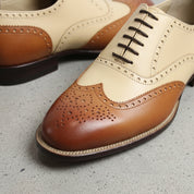 Men's Cream and Brown Two-Tone Wingtip Leather Oxfords — Andover