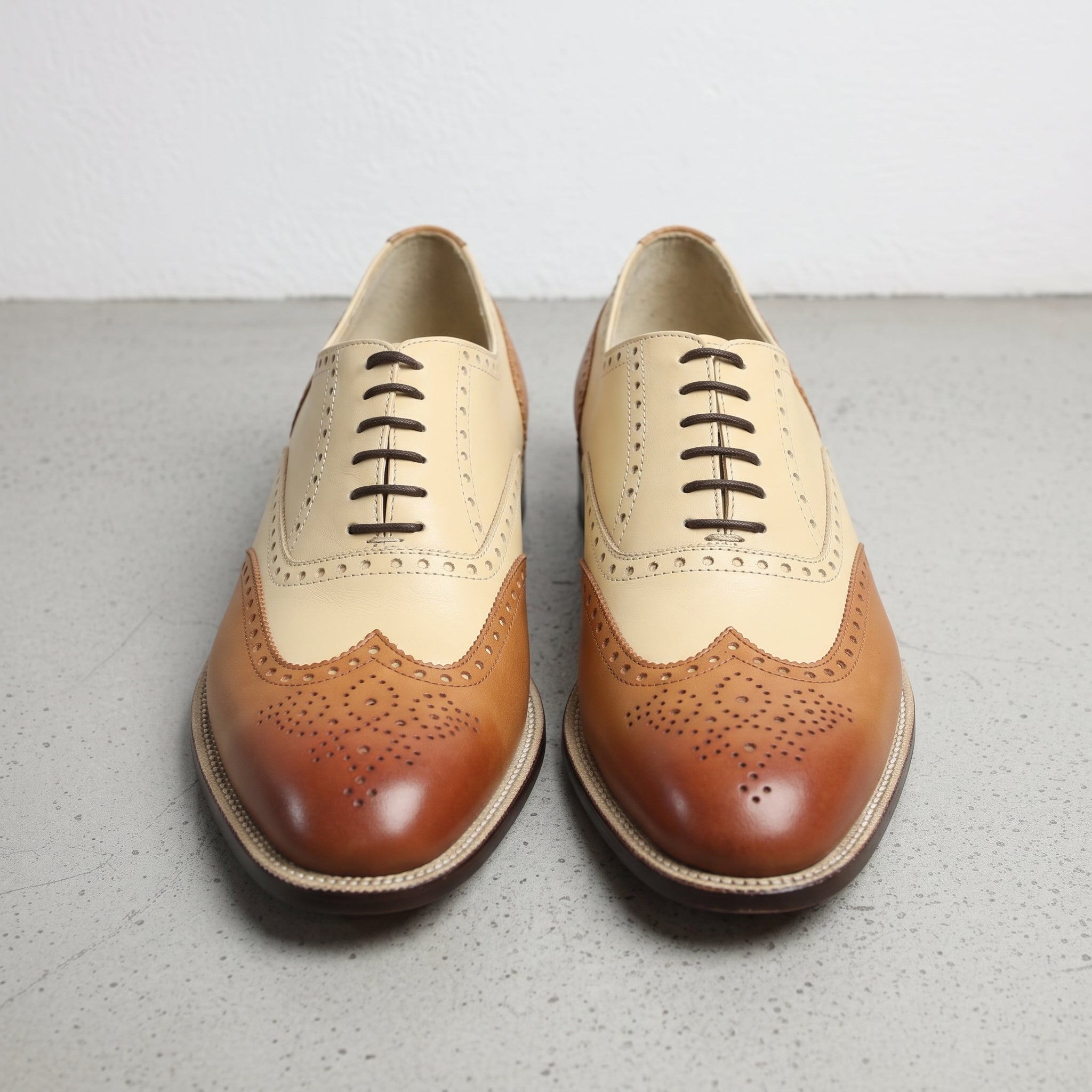 Men's Cream and Brown Two-Tone Wingtip Leather Oxfords — Andover