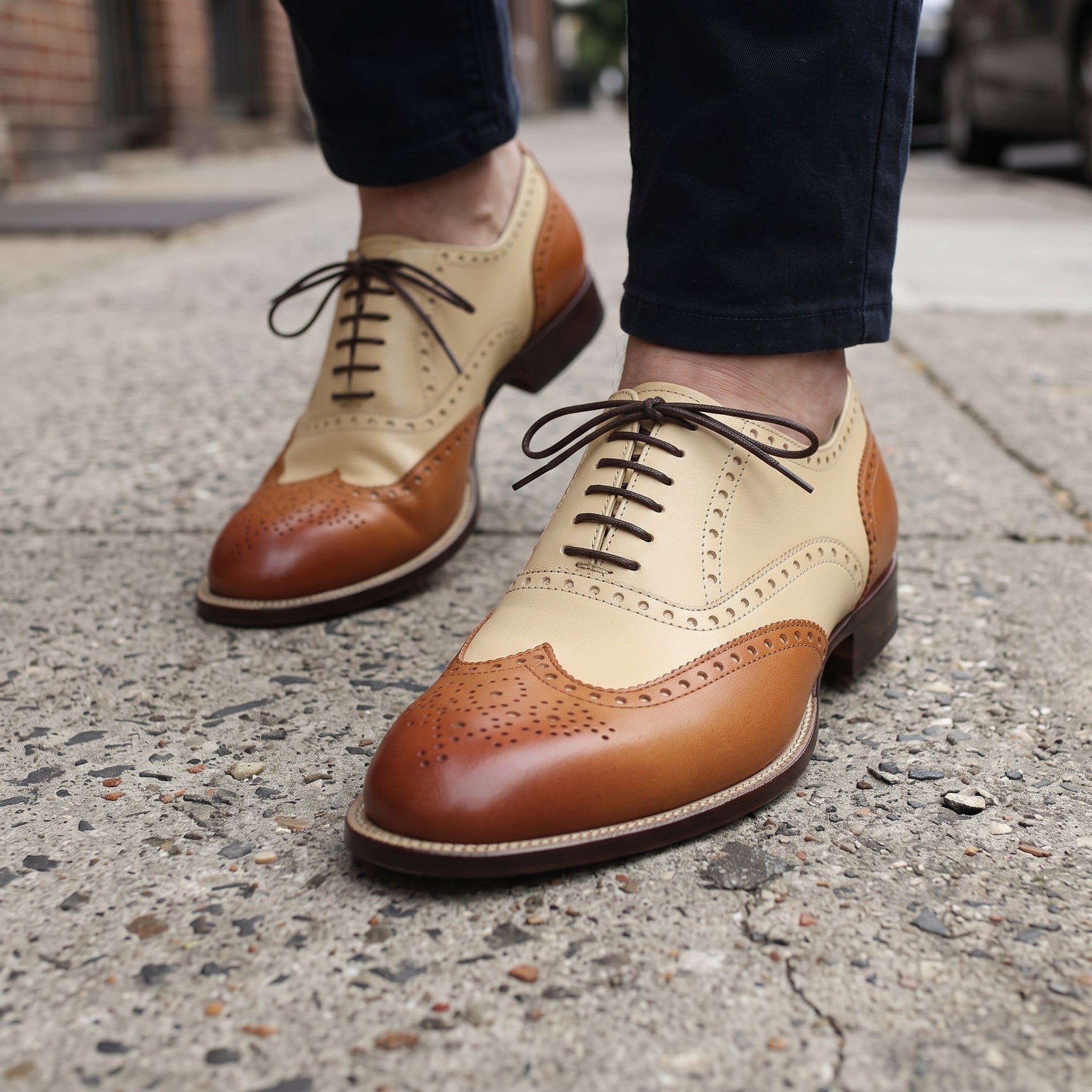 Men's Cream and Brown Two-Tone Wingtip Leather Oxfords — Andover