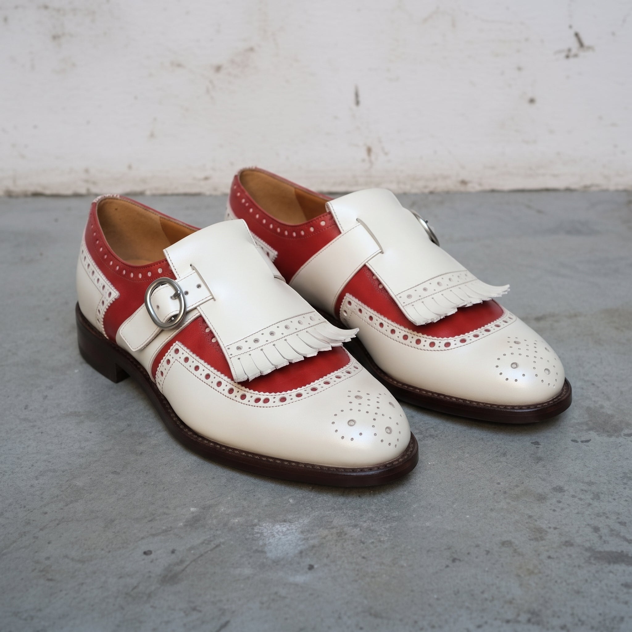 Men's Cream and Red Fringe Cap-Toe Leather Monk Strap Shoes — Cowley