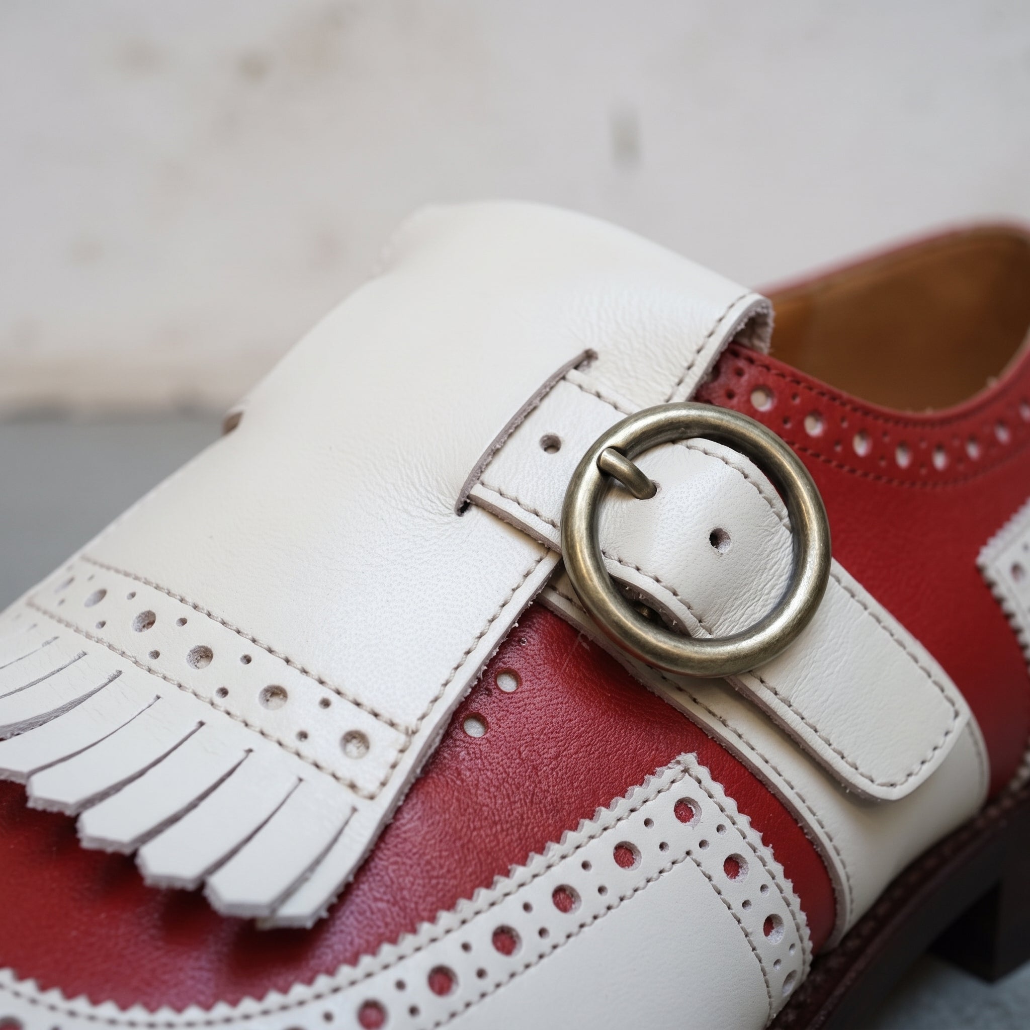 Men's Cream and Red Fringe Cap-Toe Leather Monk Strap Shoes — Cowley