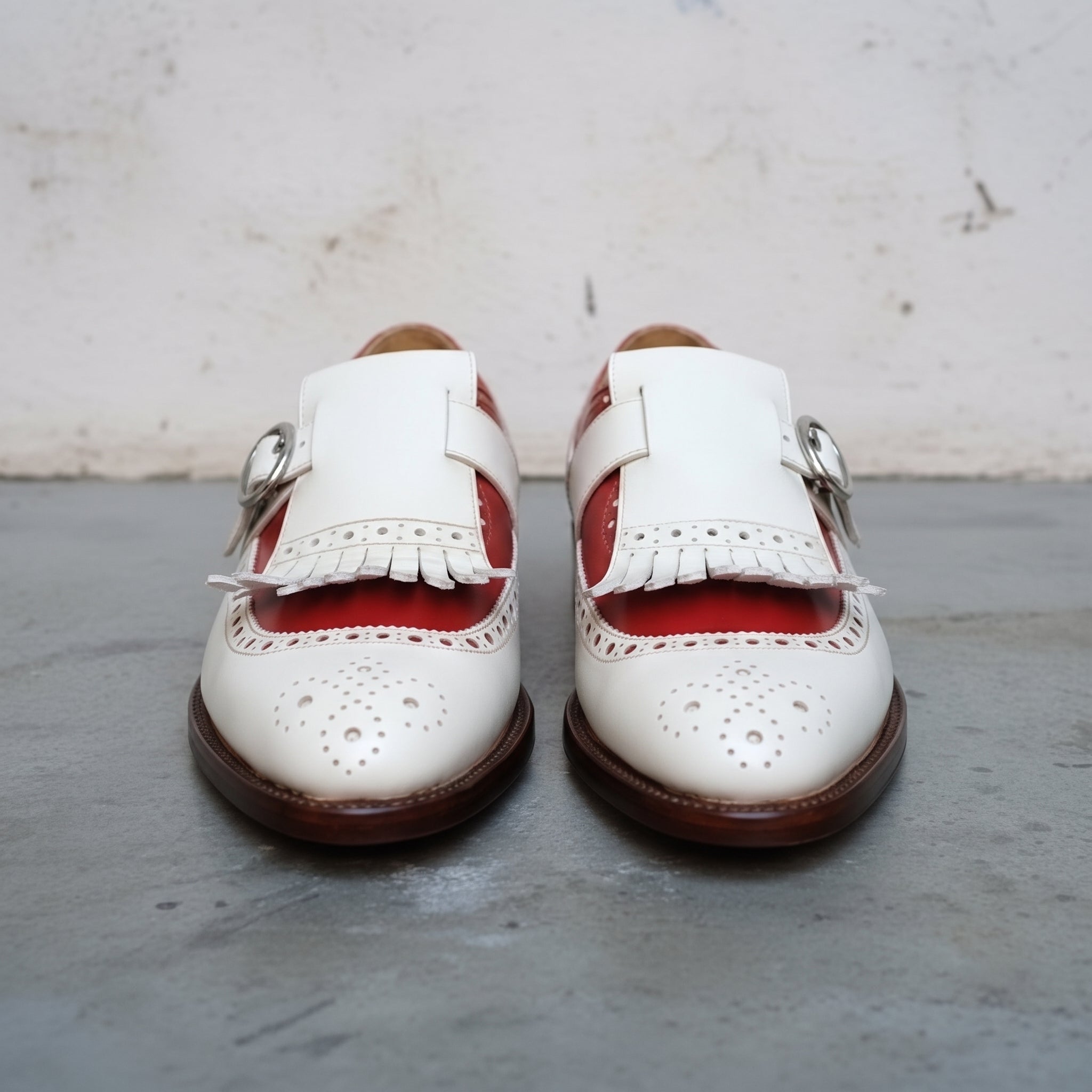 Men's Cream and Red Fringe Cap-Toe Leather Monk Strap Shoes — Cowley
