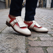 Men's Cream and Red Fringe Cap-Toe Leather Monk Strap Shoes — Cowley