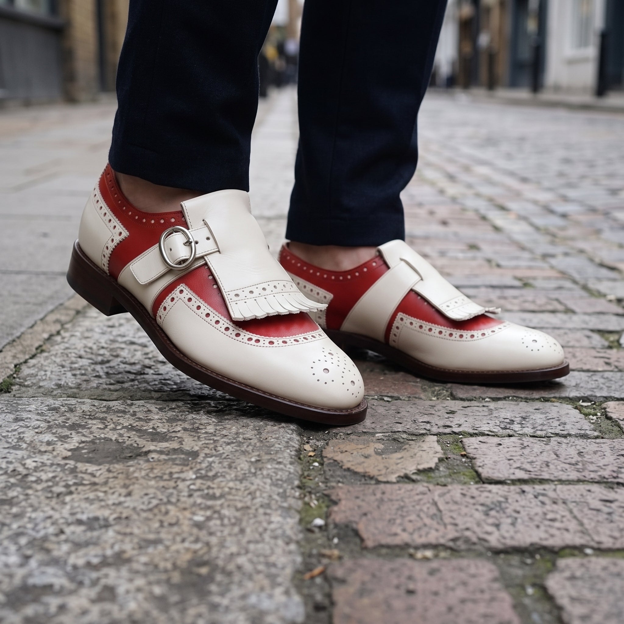 Men's Cream and Red Fringe Cap-Toe Leather Monk Strap Shoes — Cowley