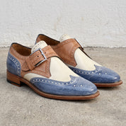 Men's Cream, Tan, and Blue Wingtip Leather Monk Strap Brogues — Averill
