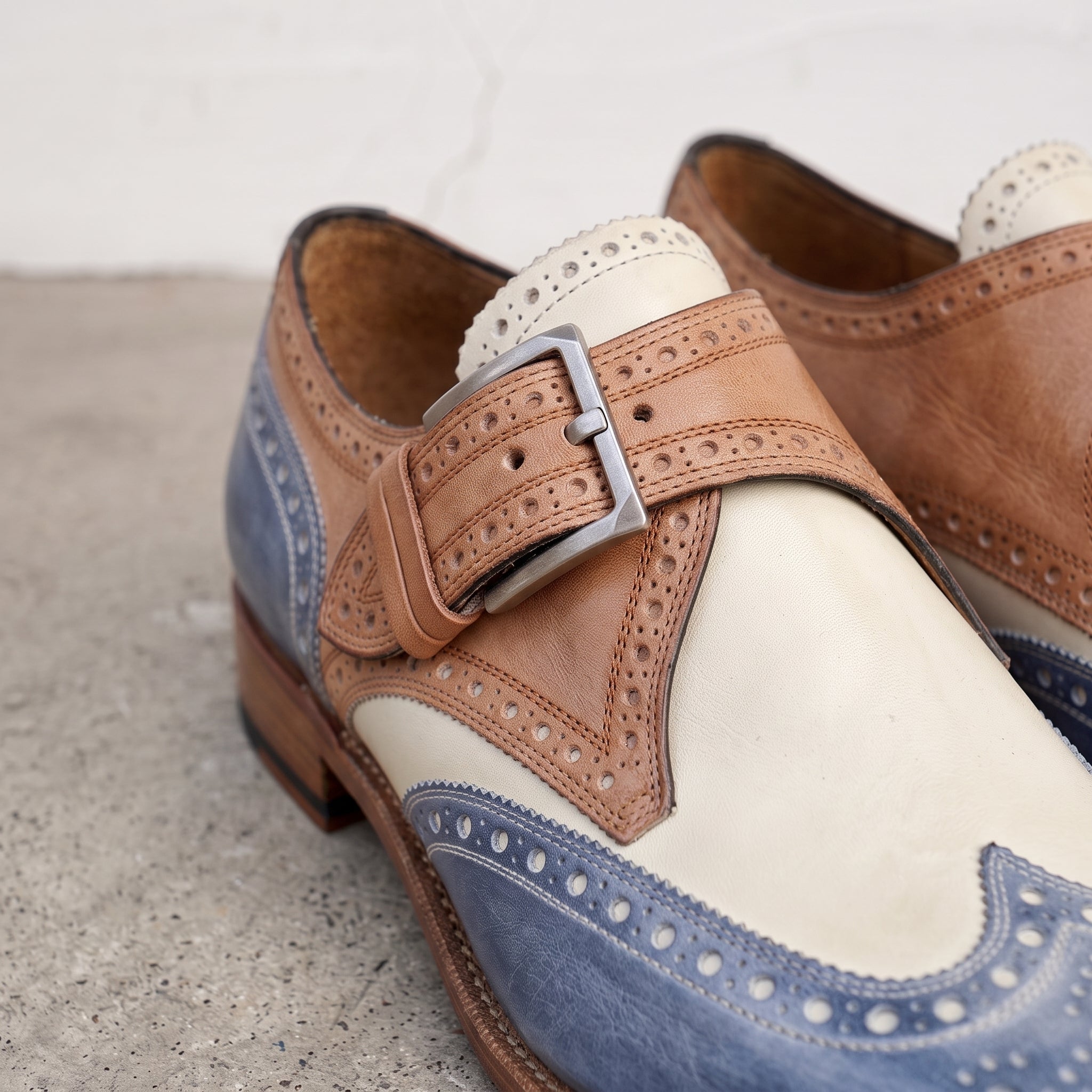 Men's Cream, Tan, and Blue Wingtip Leather Monk Strap Brogues — Averill