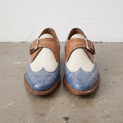 Men's Cream, Tan, and Blue Wingtip Leather Monk Strap Brogues — Averill