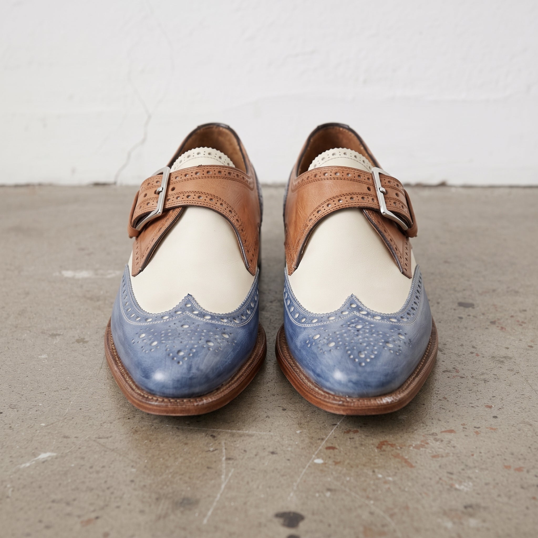Men's Cream, Tan, and Blue Wingtip Leather Monk Strap Brogues — Averill