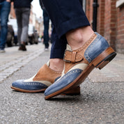 Men's Cream, Tan, and Blue Wingtip Leather Monk Strap Brogues — Averill