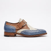 Men's Cream, Tan, and Blue Wingtip Leather Monk Strap Brogues — Averill