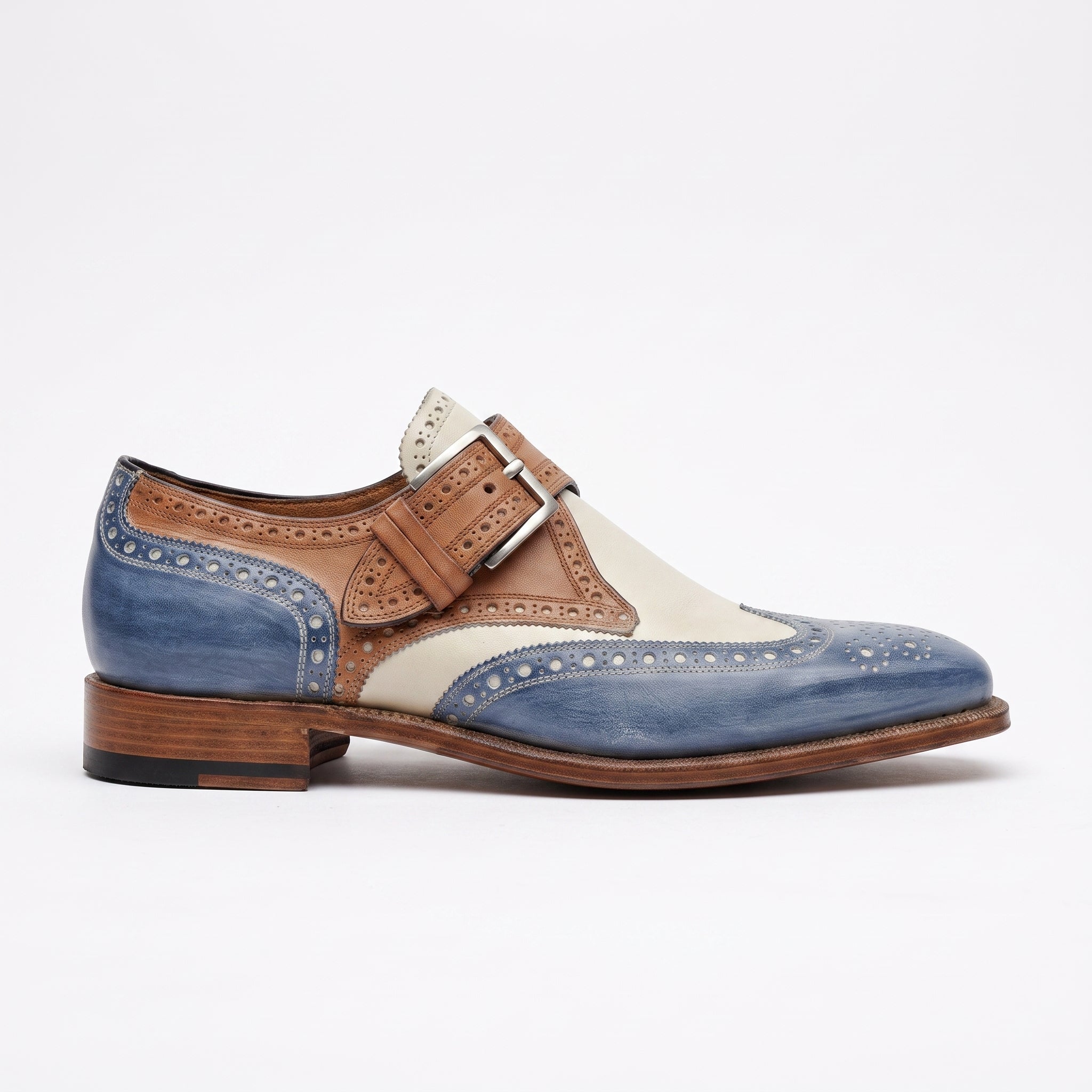 Men's Cream, Tan, and Blue Wingtip Leather Monk Strap Brogues — Averill