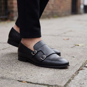 Men's Dark Black Plain-Toe Leather Monk Strap Shoes — Bindon — Bindon
