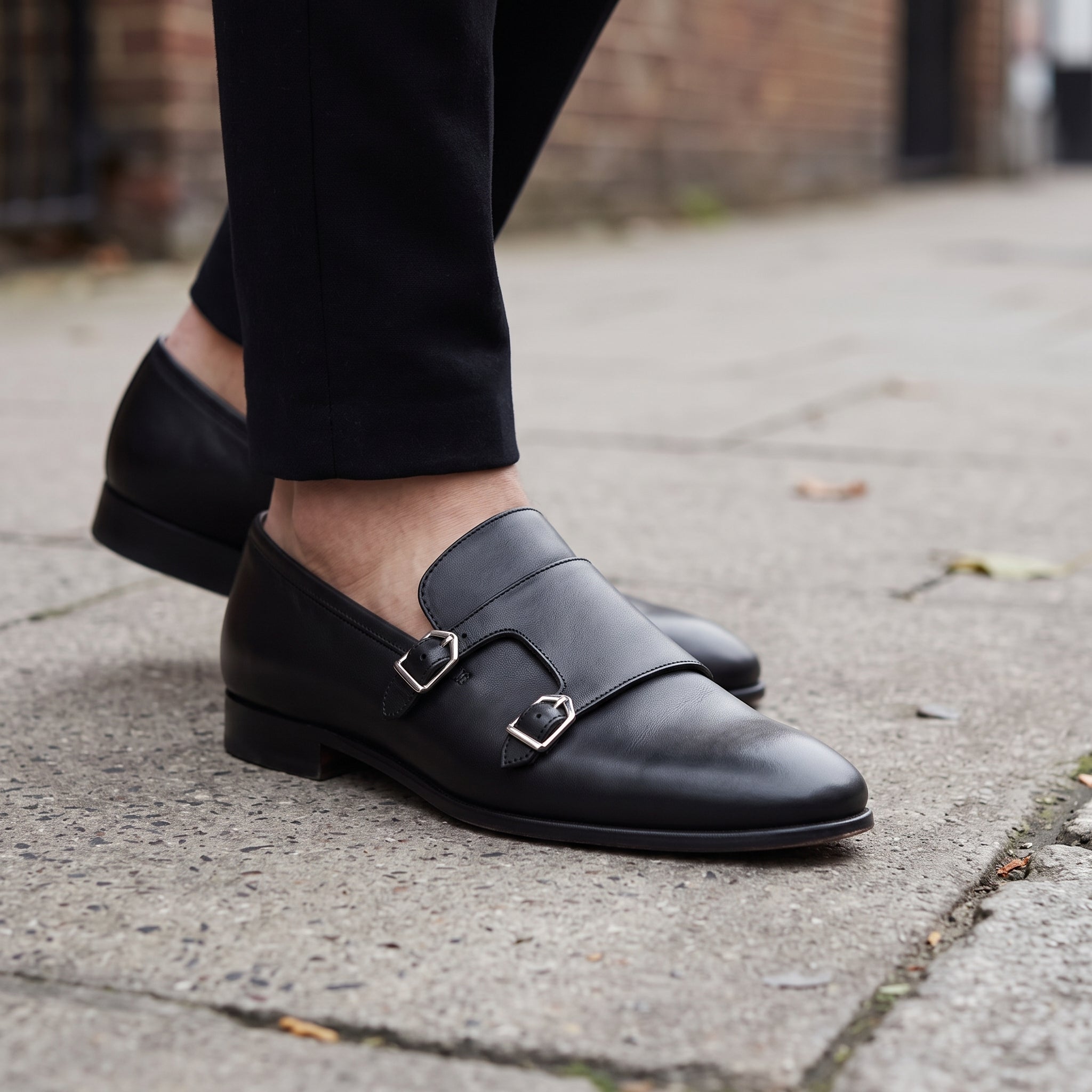 Men's Dark Black Plain-Toe Leather Monk Strap Shoes — Bindon — Bindon