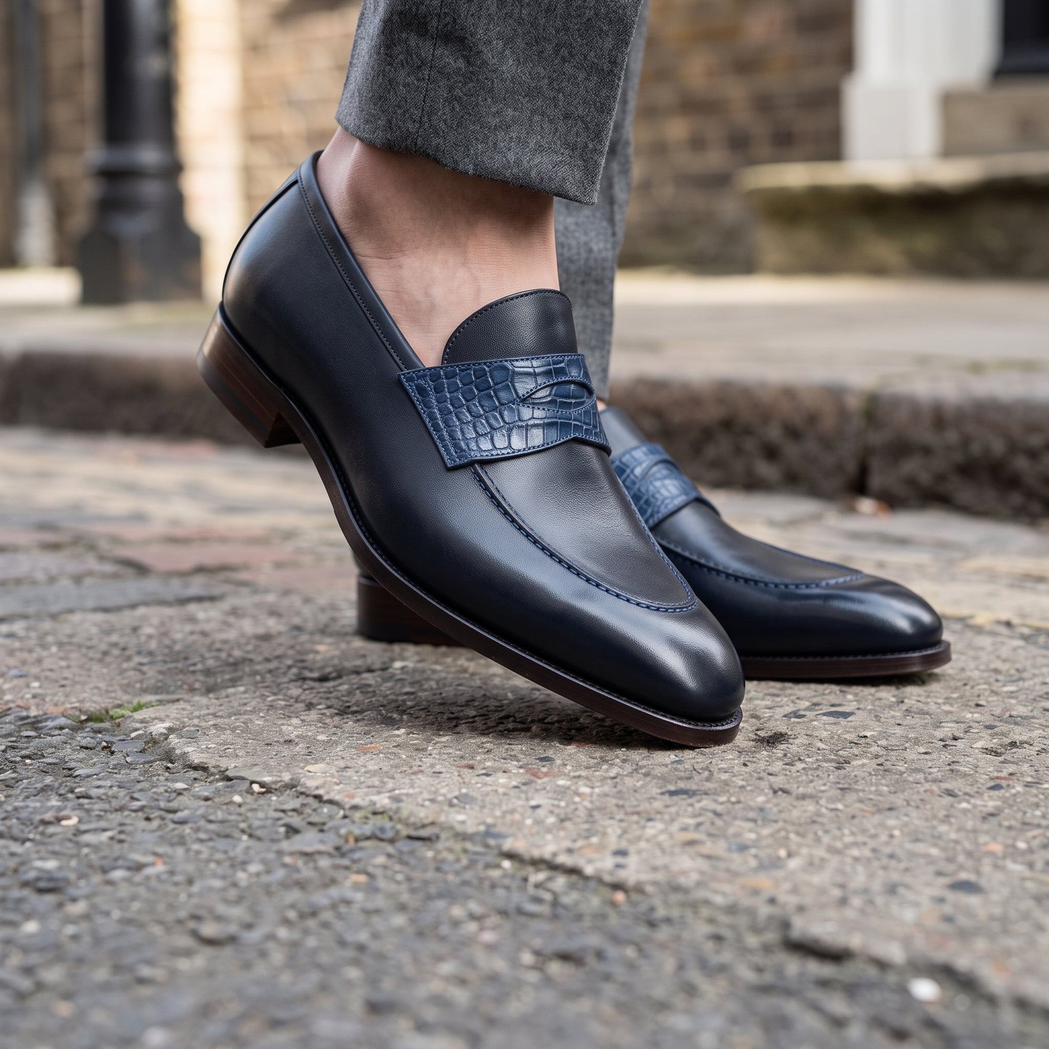 Men's Dark Blue and Blue Crocodile-Embossed Leather Apron-Toe Penny Loafers — Harrop