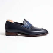 Men's Dark Blue and Blue Crocodile-Embossed Leather Apron-Toe Penny Loafers — Harrop