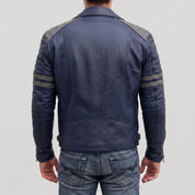 Men's Dark Blue and Grey Quilted Leather Perfecto Biker Jacket — Gibson