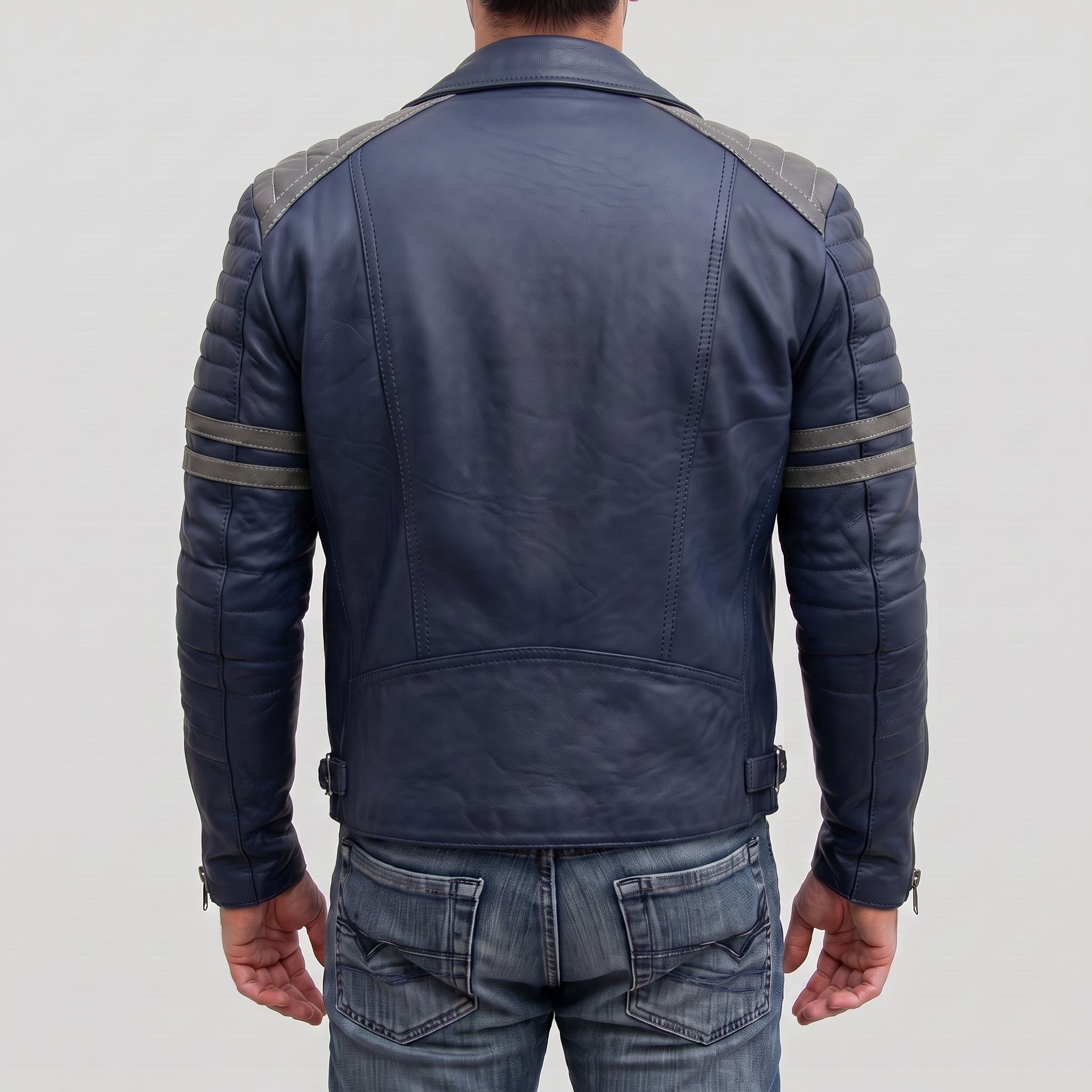 Men's Dark Blue and Grey Quilted Leather Perfecto Biker Jacket — Gibson