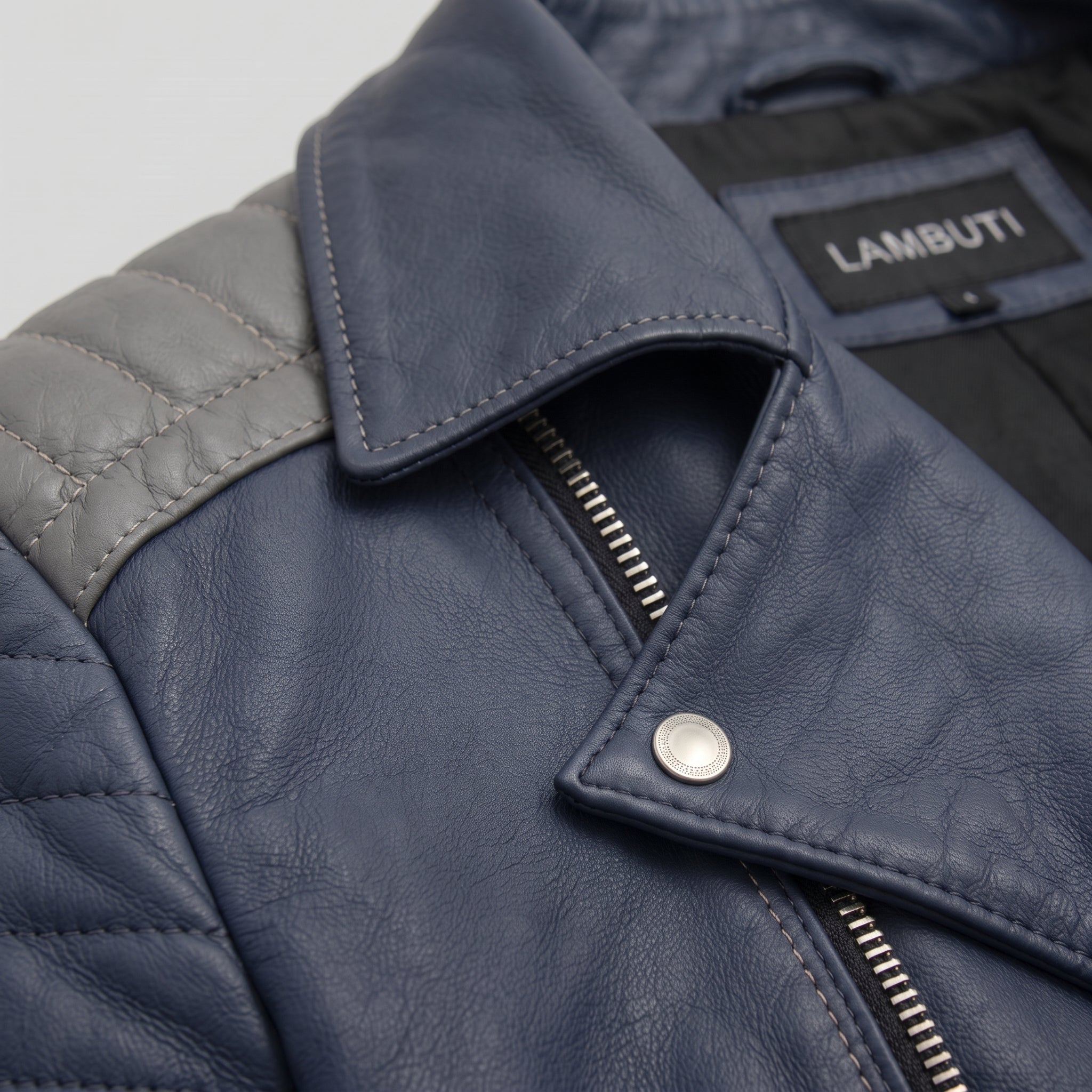 Men's Dark Blue and Grey Quilted Leather Perfecto Biker Jacket — Gibson